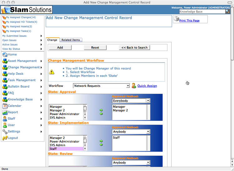 screenshot of SLAM Change Management Control